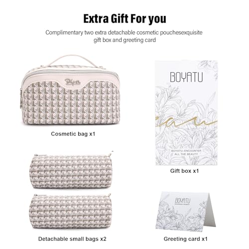 BOYATU Travel Makeup Bag Cosmetic Bags for Women: 3 Pcs Set Make up Bag | Large Capacity Waterproof Vegan Leather Organizer Bags with Compartments - Lay flat Toiletry with Handle (M-80Off-white) - color: M-80Off-white