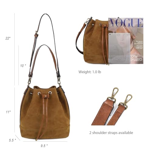 AFKOMST Suede Bucket Bag for Women Medium Slouchy Shoulder Purse | Faux suede; 2 detachable straps for shoulder or crossbody carrying;fit tablets, A5, long wallet; - color: Brown
