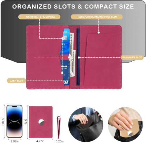 Airtag Passport Holder for Women Men Travel, Real Leather Passport Wallet, Handmade Passport Cover Case with Airtag Slot, Travel Must Haves Essentials Accessories Birthday Gifts(Crazy Horse, Rose Red) - color: Rose Red