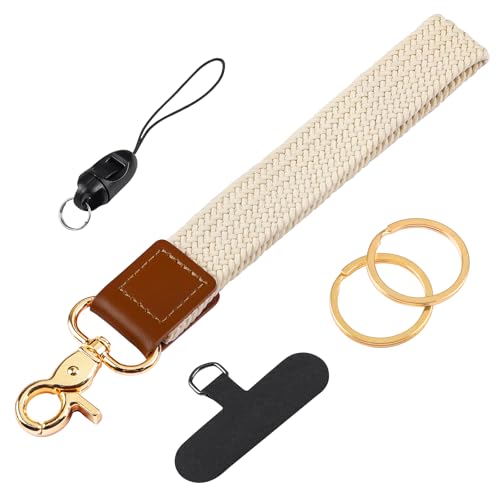 Uniclife Keychain Wristlet, Key Chain for Car Keys Badges, Braided Fabric Keychain with 2 Key Rings Tether Tab & Phone Strap - color: Beige