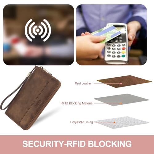 Leather Wallet Women,RFID Blocking Wristlet Wallet(khaki) | Large Capacity Design With 12 Credit Card Slots,Zip Coin Pocket,Cash Pocket,Detachable Wristlet,Daily Shopping Travel Wallet - color: a5-khaki