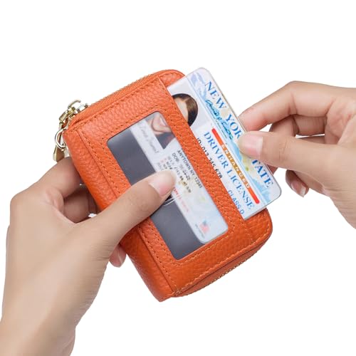 imeetu Rfid Credit Card Holder, Businese Card Case, Wallet for Women Men | Genuine Leather Card Wallet with id Window, Keychain & Double Zipper, Water-resistan Small Wallet with Gift Box, Daily Travel - color: Max - Orange