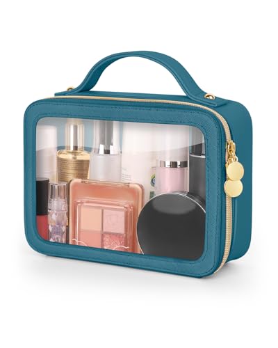Soimeat Clear Makeup Bag, Portable Travel Cosmetic Bags, Multipurpose Leather Toiletry Bag with Zipper, Waterproof Transparent Cosmetic Organizer for Women, Medium, Blue - color: Blue, size: Medium