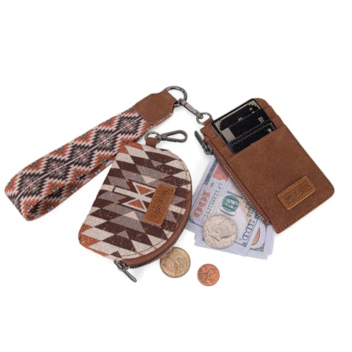 Wrangler Aztec Keychain Wristlet Wallets for Women Western Dual Pouch Wristlet Credit Card Holder Wallet with Zipper Pocket WG2213-W0051BR - color: Angel Brown