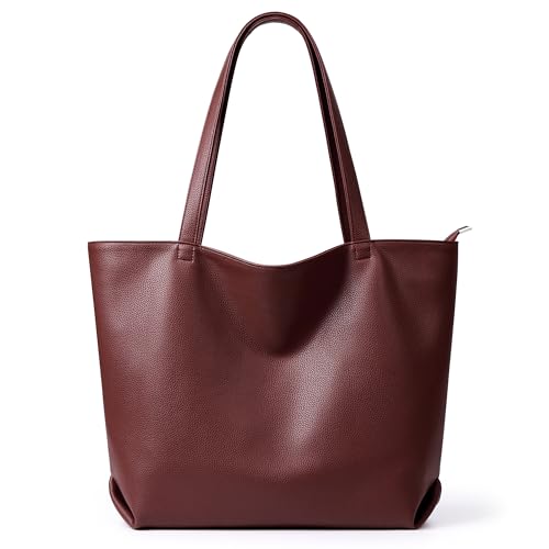 WLLWOO Soft Vegan Leather Tote Bag for Women Large Hobo Zipper Purse | Casual Shoulder Handbags Carryall for Work Daily Weekender Travel Commute - color: Dark Red