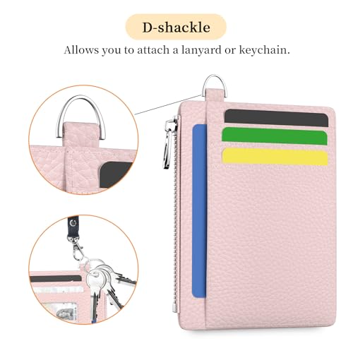 Hancynir Minimalist Slim Wallet Women Credit Card Holder, RFID Small Cute | Zipper Pocket Wallet, Thin Travel Coin Purse, Ladies Women Gifts, Key Chain Card Case, 6 Card Slots, ID Window, PU Leather - color: 01-Lichee PNK