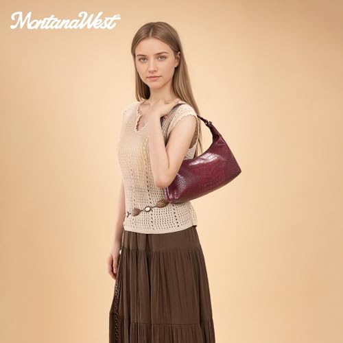 Montana West MEDIUM Shoulder Purses for Women Crescent Hobo Bags Trendy Purses - color: Crocodile Burgundy Red