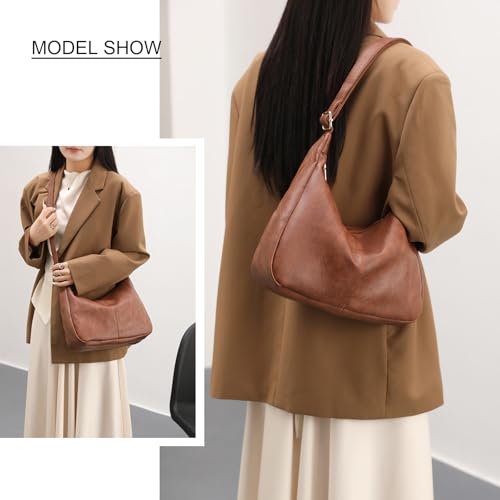 Hobo Bags for Women Foldable Shoulder Handbag CrossBody Purse | Adjustable Strap, 6 organized pockets, Crescent Tote Bag, Cute Slouchy Underarm Bag, Fits 12.9" iPad Pro - color: Brown
