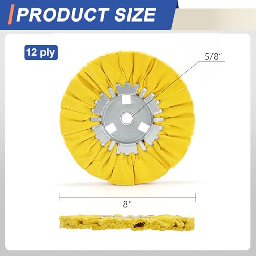 8" Airway Buffing Wheel for Angle Grinder, 5/8" Arbor Hole, 12 Plys Hard Cotton Polishing Wheel for Aluminum, Stainless Steel, Brass & Copper, Yellow, 2 pcs - color: Hard 2pcs, size: 12plys