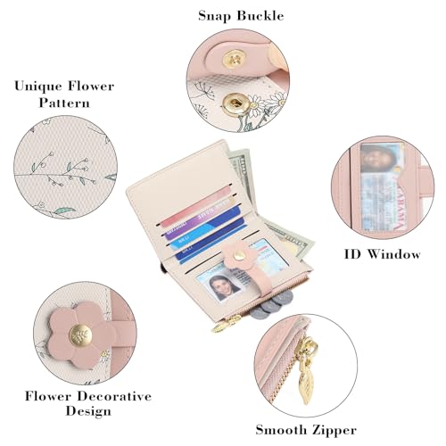 GAEKEAO Small Wallets for Women RFID Blocking Bifold Floral Vegan Leather Wallet Card Holder with ID Window & Zipper Pocket - color: C04-Pink