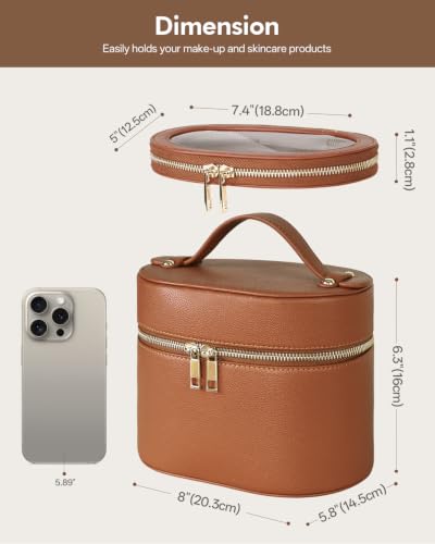 Prite 2 Pcs Makeup Bag Set Travel Cosmetic Case with Clear Pouch for Women | Removable Divider, Vanity Case, Waterproof, Vegan Leather, Elastic Slot, Dual Zipper, Structured, Easy Clean - color: Brown
