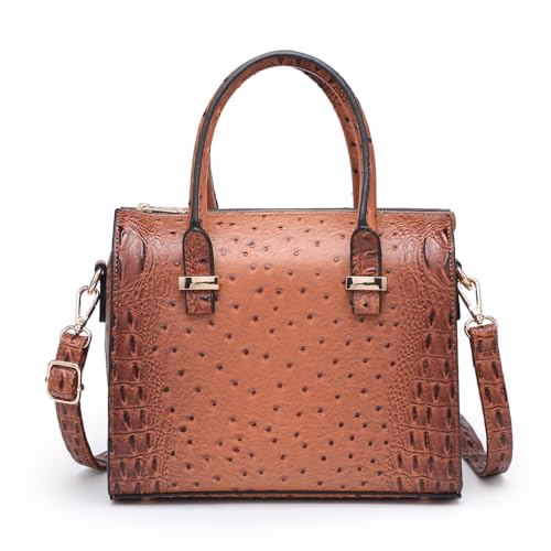 Shiny Patent Faux Leather Handbags Barrel Top Handle Purse Satchel Bag Shoulder Bag for Women - color: Ostrich Brown