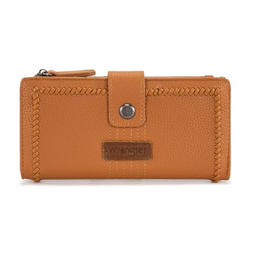 Montana West X Wrangler Womens Wallet Large Capacity Long Compact | Brown Bifold Card Cases & Money Organizers Compact Ladies Female Minimalist Wallet with ID Window and Zipper Pocket - color: Bifold-Brown
