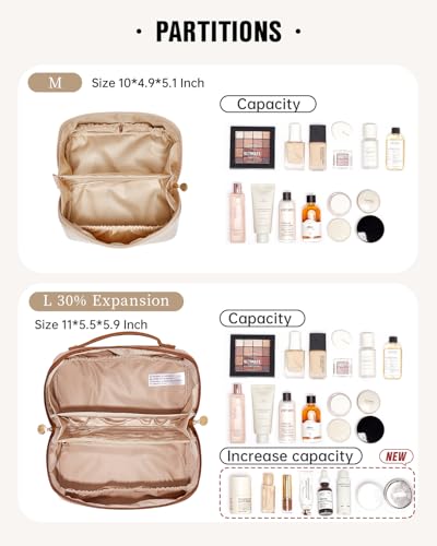 EACHY Travel Makeup Bag for Women, PU Leather Cosmetic Bag, Brown, Large | Water-resistant PU leather exterior with flat-open access, clear TPU brush compartment and organized storage for cosmetics - color: AE-Brown, size: Large