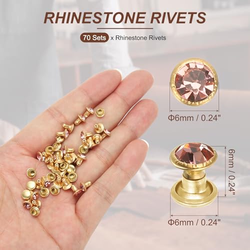 PATIKIL 6mm Leather Rivets, 70 Sets Rhinestone Rivet Studs Double Cap Spikes Rivet for Leather Crafting for Decor Repair DIY Clothing Belts Bags Shoes, Pink Gold Tone - color: Pink, size: 6mm