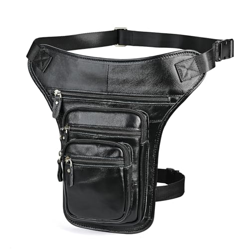 Water Resistant Canvas + Leather Motorcycle Travel Fanny Waist Pack Drop Thigh Leg Bag Pouch For Men Women FB913-5 - color: Genuine Leather-3111 Black