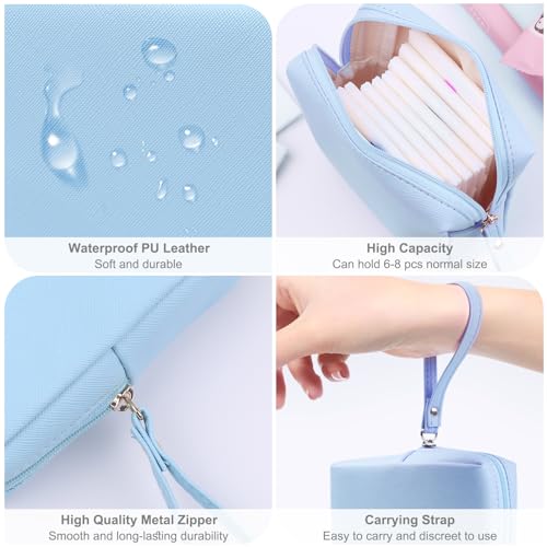 Sanitary Napkin Period bag for Women, Sanitary Napkin Storage Bag, PU Leather Sanitary Pad Bags Pounch, Portable Tampons Zipper Organizer Bag with Handle for Ladies - color: Blue