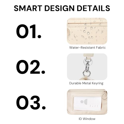 Keychain Wallet for Women with Clear ID Window, Coin Pouch and Wrist Strap | Quick-Access Design with Front Zip Pocket, 3 Card Slots, Inner Mesh Pocket and Lipstick Holder - color: Light Beige