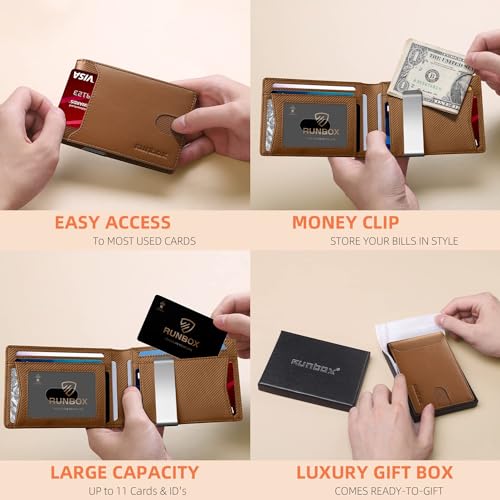RUNBOX Slim Wallet for Men - RFID Blocking Leather Bifold with Money Clip | Minimalist Front Pocket Wallet Holds 11 Cards,Slim Thin Design,RFID Blocking Protection, Practical Birthday Gifts for Men - color: Caramel