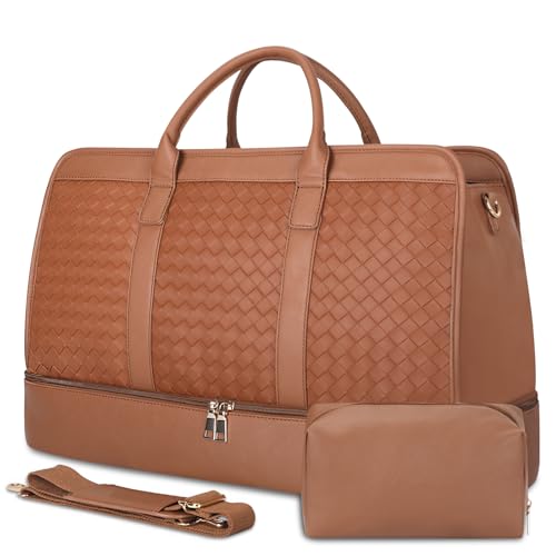 Bolosta Travel Duffle Bag for Men Women, PU Leather Duffel Bag for Traveling, Large Carry on Weekender Overnight Bag with Shoe Compartment, Perfect for Travel/Daily Use - color: C-Brown