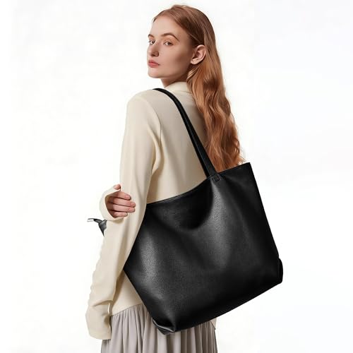 WLLWOO Soft Vegan Leather Tote Bag for Women Large Hobo Zipper Purse | Casual Shoulder Handbags Carryall for Work Daily Weekender Travel Commute - color: Black