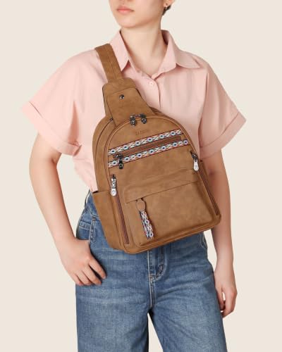 Large Sling Bag for Women, Designer 10L Leather Crossbody Purse | Anti Theft Sling Backpack, RFID Fanny Packs for Travel, Ideal for Vacation Walking Daily Errands - color: Camel Brown Nubuck Style