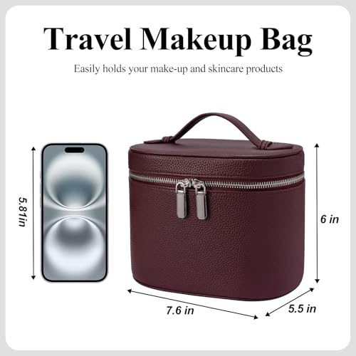 honitty Makeup Bag, Travel Make up Case with Compartments and Handle, Portable Cosmetic Organizer Bags,Toiletry Bag for Women - color: Burgundy(7.6*5.5*6 in), size: M(7.6*5.5*6 in)