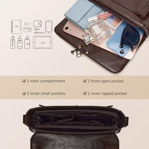 ECOSUSI Women PU Leather Satchel Purse Vintage Small College Crossbody Messenger Bag Work Cross-body Bag - color: Dark Brown