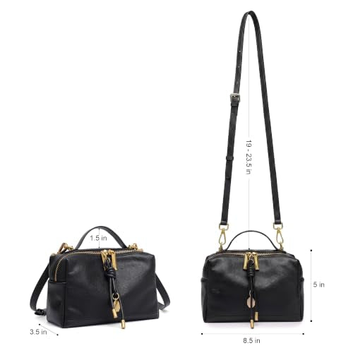 Genuine Leather Shoulder Bag for Women Small Top Handle Bag Crossbody Purse | Smooth Double Zipper Detachable Adjustable Strap Gold-Tone Hardware and Organized Three-Compartment Interior - color: Black