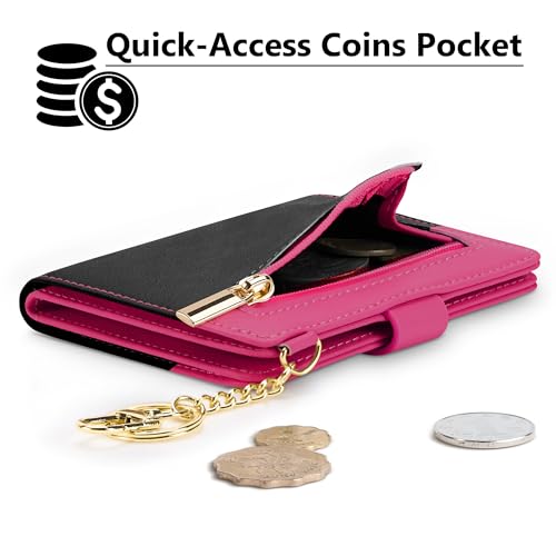 Airkit Small Wallet Women RFID, PU Leather Card Holder with Keychain - color: Black & Rose Red
