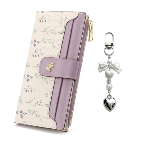 Women's Bifold Long Wallet, Slim & Thin RFID Blocking Floral Vegan Leather Card Holder with Bow Keychain (Purple) - color: Purple