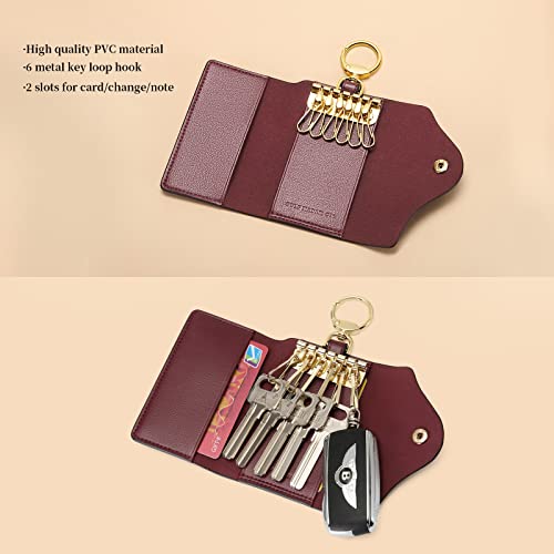 GOLF SUPAGS Women PVC Leather Car Key Chain Card Holder Wallet Pouch 6 Hook Snap Closure keys Money Organizer Case | Card Holder - color: Brown×Wine
