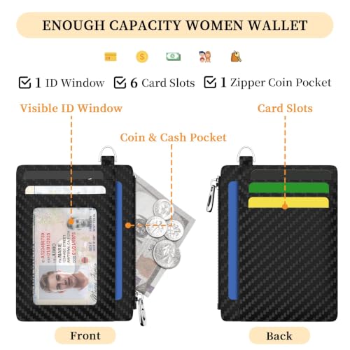 Hancynir Minimalist Black Slim Wallet Men Credit Card Holder Small RFID | Zipper Pocket Wallet, Thin Travel Coin Purse, Ladies Women Mens Gifts, Cute Card Case, 6 Card Slots, ID Window, PU Leather - color: 01-Carbon Black