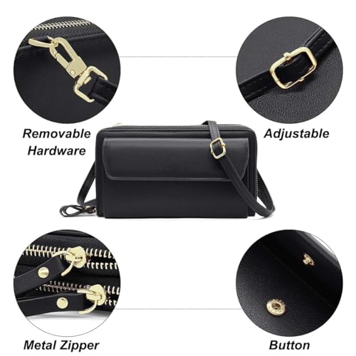 Women Leather Wallet Crossbody Shoulder Bag with Double Zipper and Mobile Phone Purse with Shoulder Strap - color: 109-black