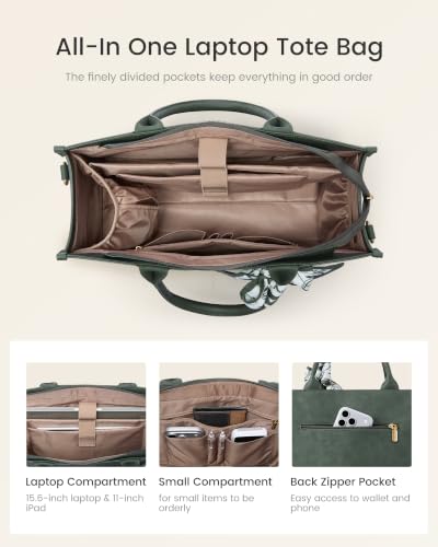 LOVEVOOK Laptop Tote Bag for Women, Vintage Work Bag with Large Cup Holder | Waterproof Business Computer Bag,Teacher Handbag Purse Briefcase,Office Gifts for Women with Silk Scarf - color: Green (Embossed), size: 15.6 Inch