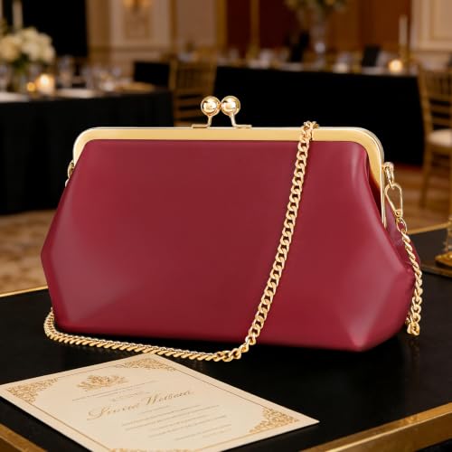 Women's Kiss Lock Bag Evening Clutch Purses Kiss Clasp Crossbody Bag Handbag Formal Evening Purse Messenger - color: Burgundy
