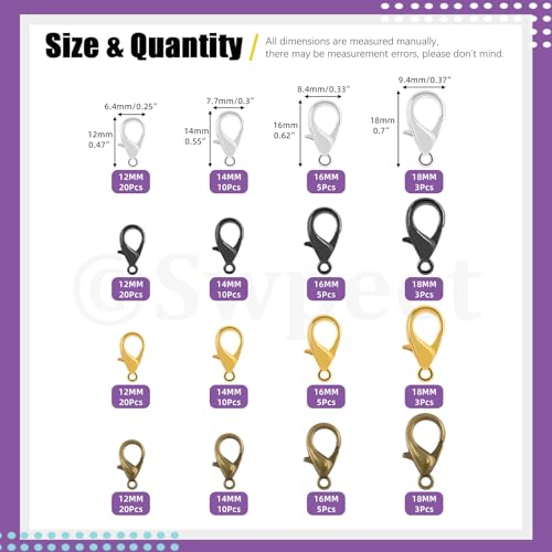 Swpeet 152Pcs 12-18mm Length 4 Sizes Lobster Clasps Mixed Colors Kit, Jewelry Clasp Connectors End Chain Clasps for DIY Jewelry Making Accessories Handmade Necklace Bracelet Fastener Hook - color: Assortment Kit