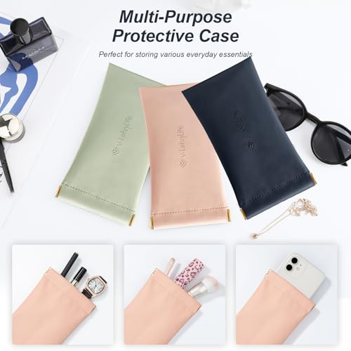 Glasses Case Soft 2 Pack - Portable Leather Squeeze Top Eyeglass Case,Soft Sunglasses Case. - color: Pink,navyblue,green