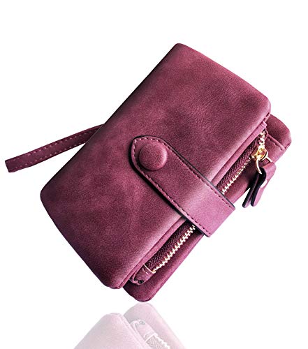 AOXONEL Women's Small Bifold Leather wallet Rfid blocking Ladies Wristlet with Card holder id window Coin Purse - color: Purple
