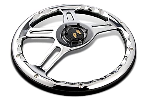 W-Power, 14" Universal 350mm 6 Bolt Hole Vintage Style with Aluminum Polished Special Black Leather Grip Steering Wheel, Black Horn Button, Chrome 4-Spoke