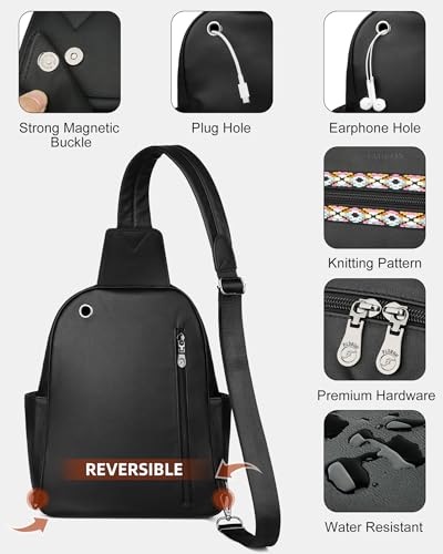 Large Sling Bag for Women, Designer 10L Leather Crossbody Purse | Anti Theft Sling Backpack, RFID Fanny Packs for Travel, Ideal for Vacation Walking Daily Errands - color: Pure Black