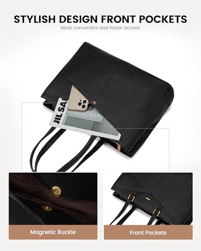 LOVEVOOK Laptop Tote Bag for Women,Leather Work Computer Briefcase Bag - color: Retro Black, size: 15.6 inch