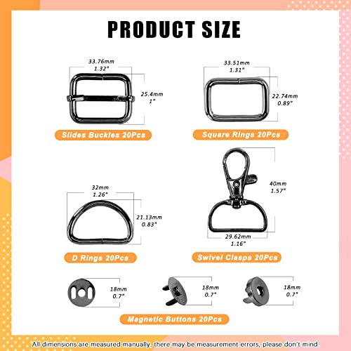 100Pcs Purse Hardware Buckles Bag Making Assortment Kit Includes Swivel D Ring Hooks Clasps Slide Buckles Snap Button - color: Gunblack