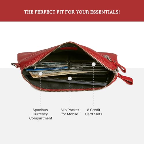 Leather Wristlet Wallet for Women Clutch Handbag Purse with Cell Phone Slot | Genuine Top Grain Leather, 8 Credit Card Slots, Detachable Strap, YKK Zipper, Gifts for Women - color: Red Nappa