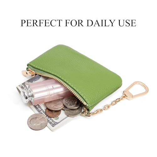 Full Grain Leather Coin Purse with Key Chain - Small Change Purse Keychain Card Holder Keychain Pouch Small Keychain Wallet for Women and Men (Grass Green) - color: Grass Green, Regular Size