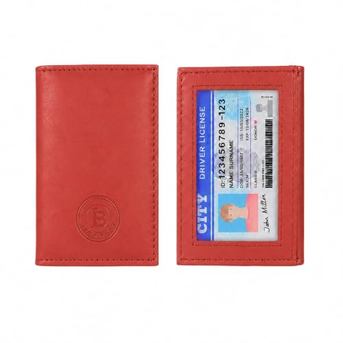 LB LEATHERBOSS Slim Thin Leather Credit Card Triple ID Window Mini Wallet Bifold Driver License Safe (Red) - color: Red