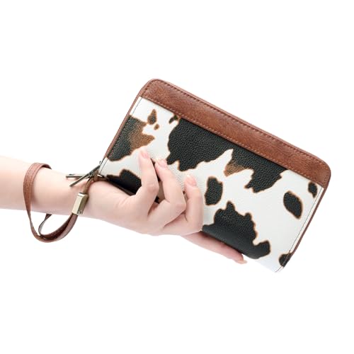 GOIACII Women's Wallet RFID Blocking Leather Wristlet | 2 Zip Around, Large Capacity, Credit Card Holder, Ladies Phone Clutch Purse - color: A17 Cow Print Brown