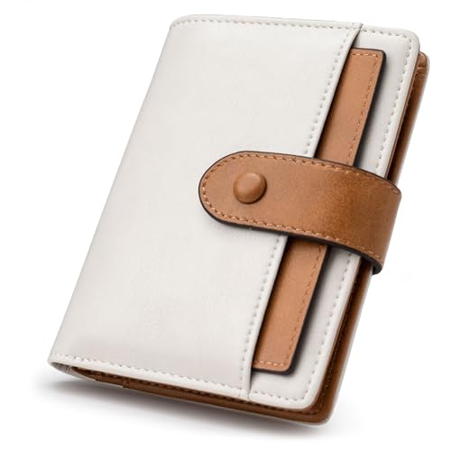 Alldaily Small Slim RFID Blocking Leather Wallet for Women, Bifold with 10 Card Slots and Coin Pocket (White&Brown) - color: White with Brown
