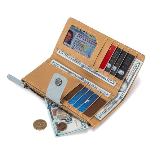 Montana West X Wrangler Womens Wallet Large Capacity Long Compact | Minimalist Compact Credit Card Organizer for Woman Ladies Female Rfid Bifold Travel Wallet with Zipper Pocket - color: Bifold-Contrast Tan Jean