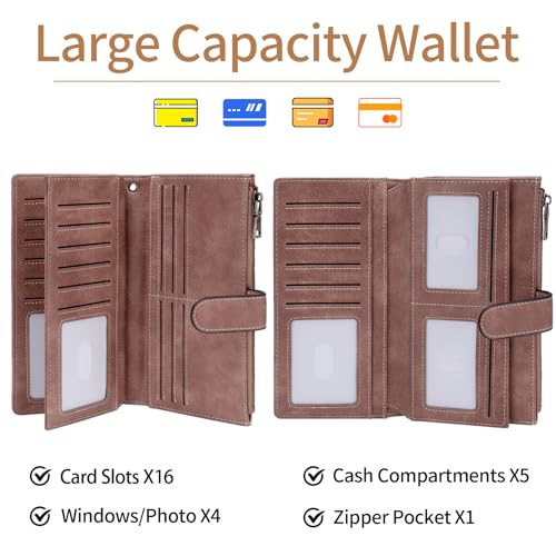 XINNSTAR Womens Wallet RFID Blocking Large Capacity Credit Card Holder Long Purses for Women with Wristlet Pocket ID Window - color: Light Brown
